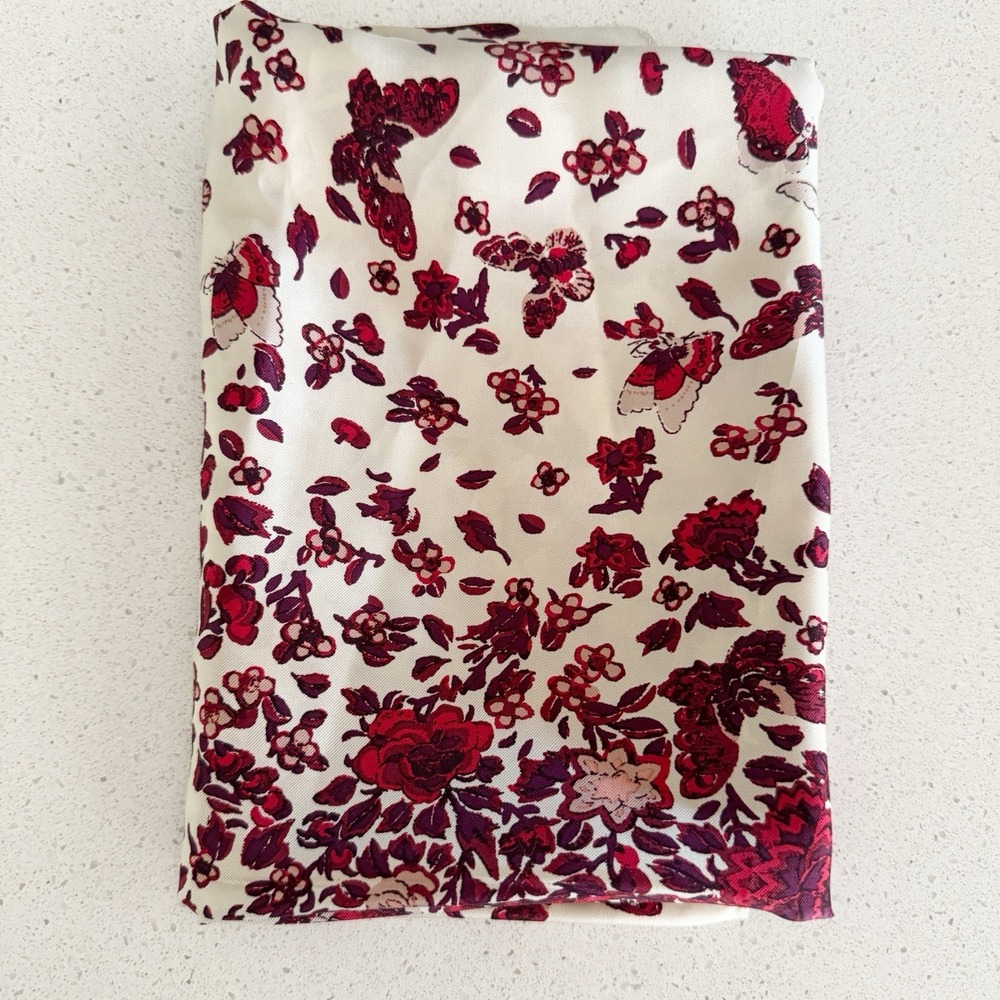 Tory Burch Ria Red Butterfly Floral Print 100% silk scarf 25x74" Oblong